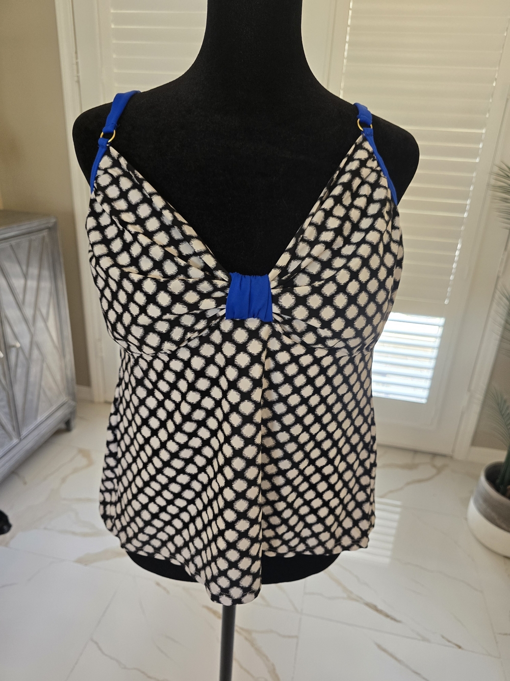 Black & White Dot-Print Swim Camisole with Blue Accents